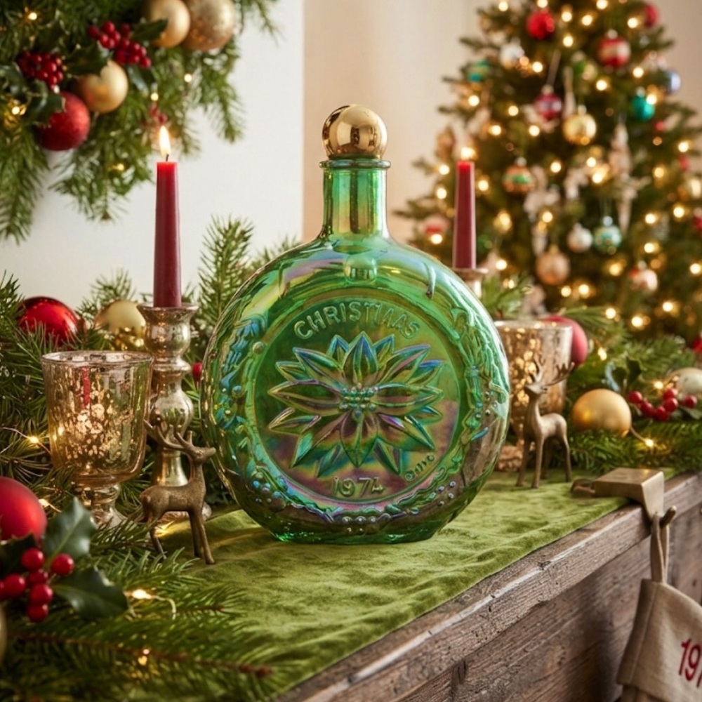 Vintage 1974 Wheaton Glass Christmas Decanter Carnival Glass Poinsettia Legend